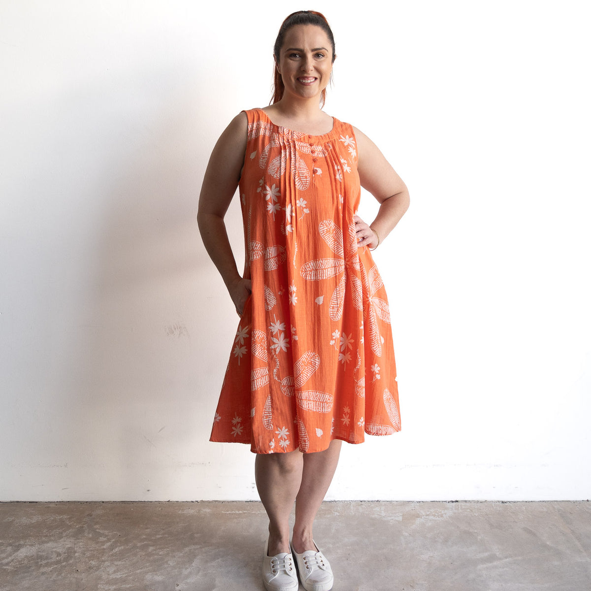 Pintuck Smock Dress - Large Flora Coral