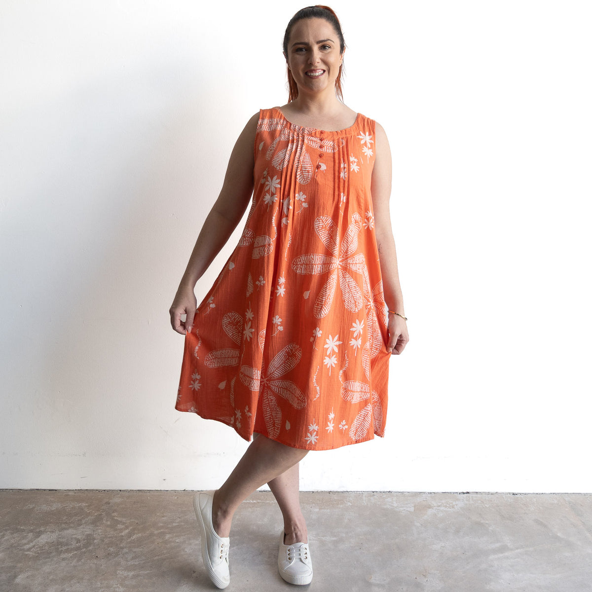 Pintuck Smock Dress - Large Flora Coral