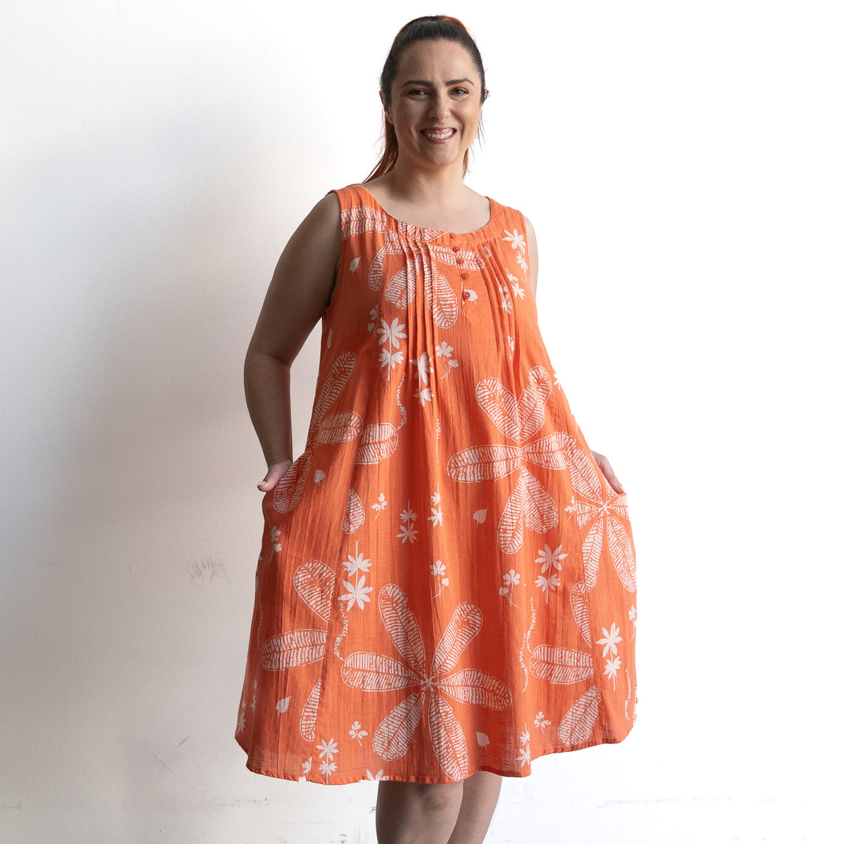 Pintuck Smock Dress - Large Flora Coral