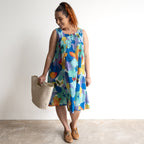 Pintuck Smock Dress - Large Floral Blue