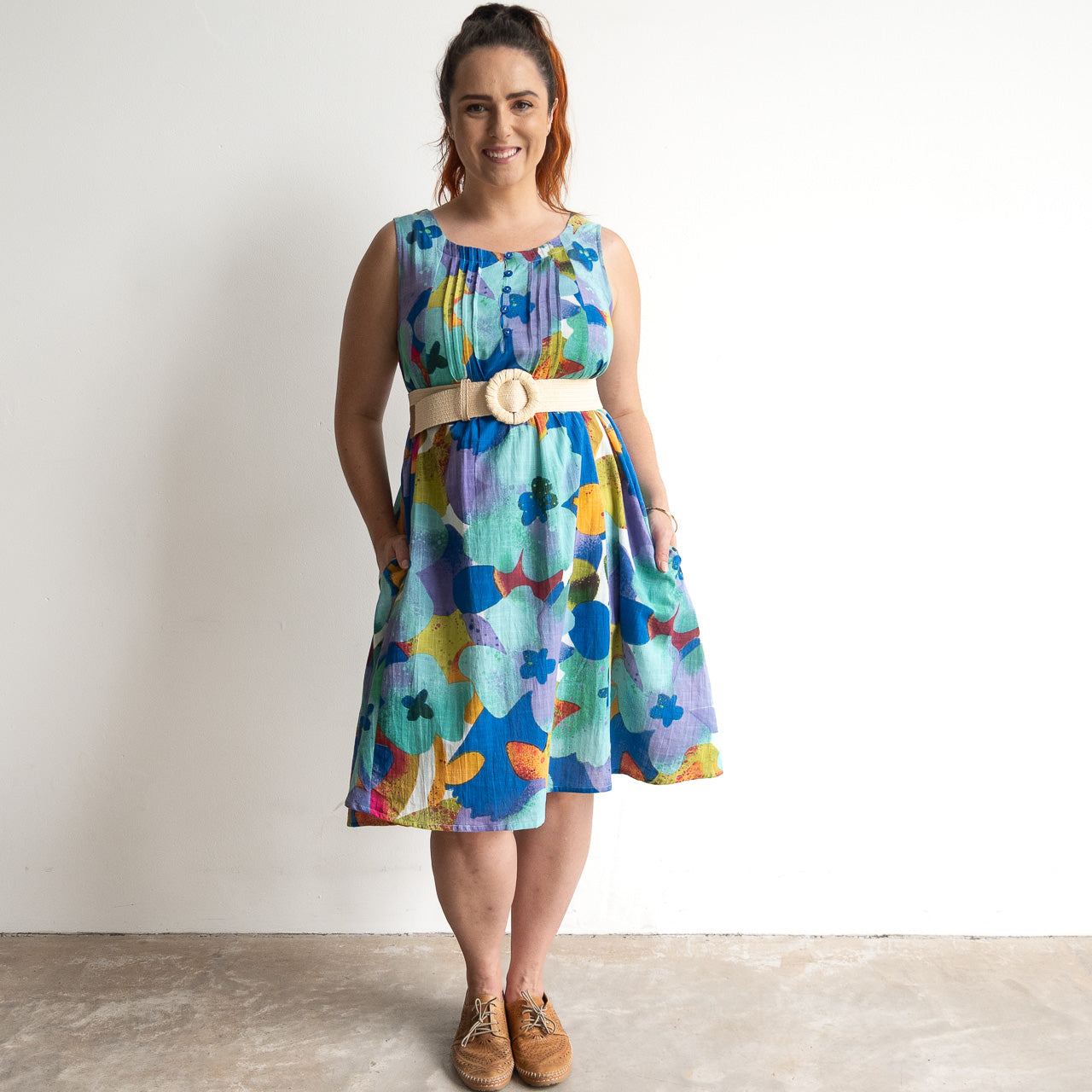 Pintuck Smock Dress - Large Floral Blue