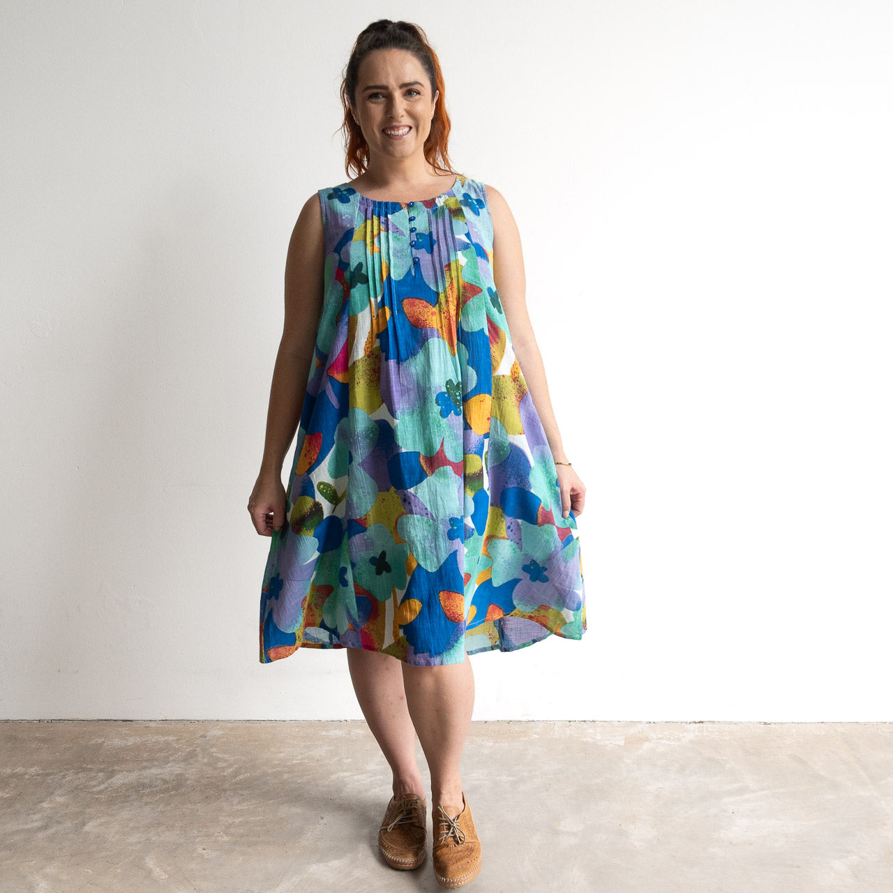 Pintuck Smock Dress - Large Floral Blue