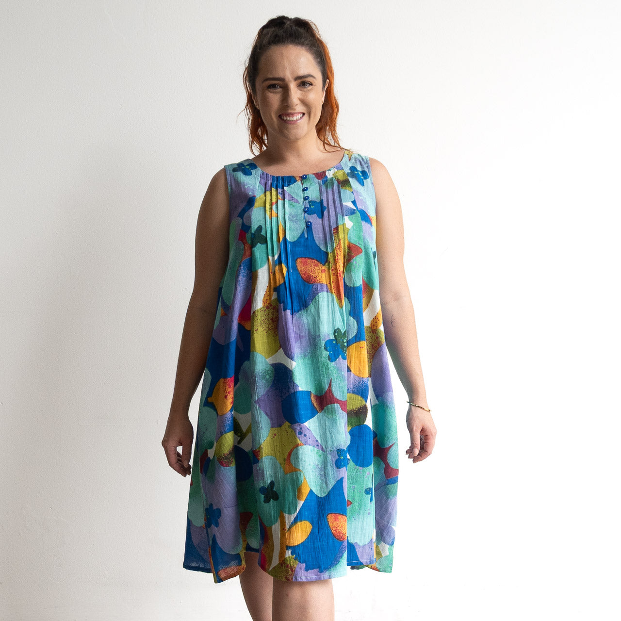 Pintuck Smock Dress - Large Floral Blue