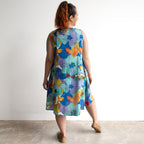 Pintuck Smock Dress - Large Floral Blue