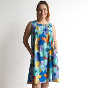 Pintuck Smock Dress - Large Floral Blue