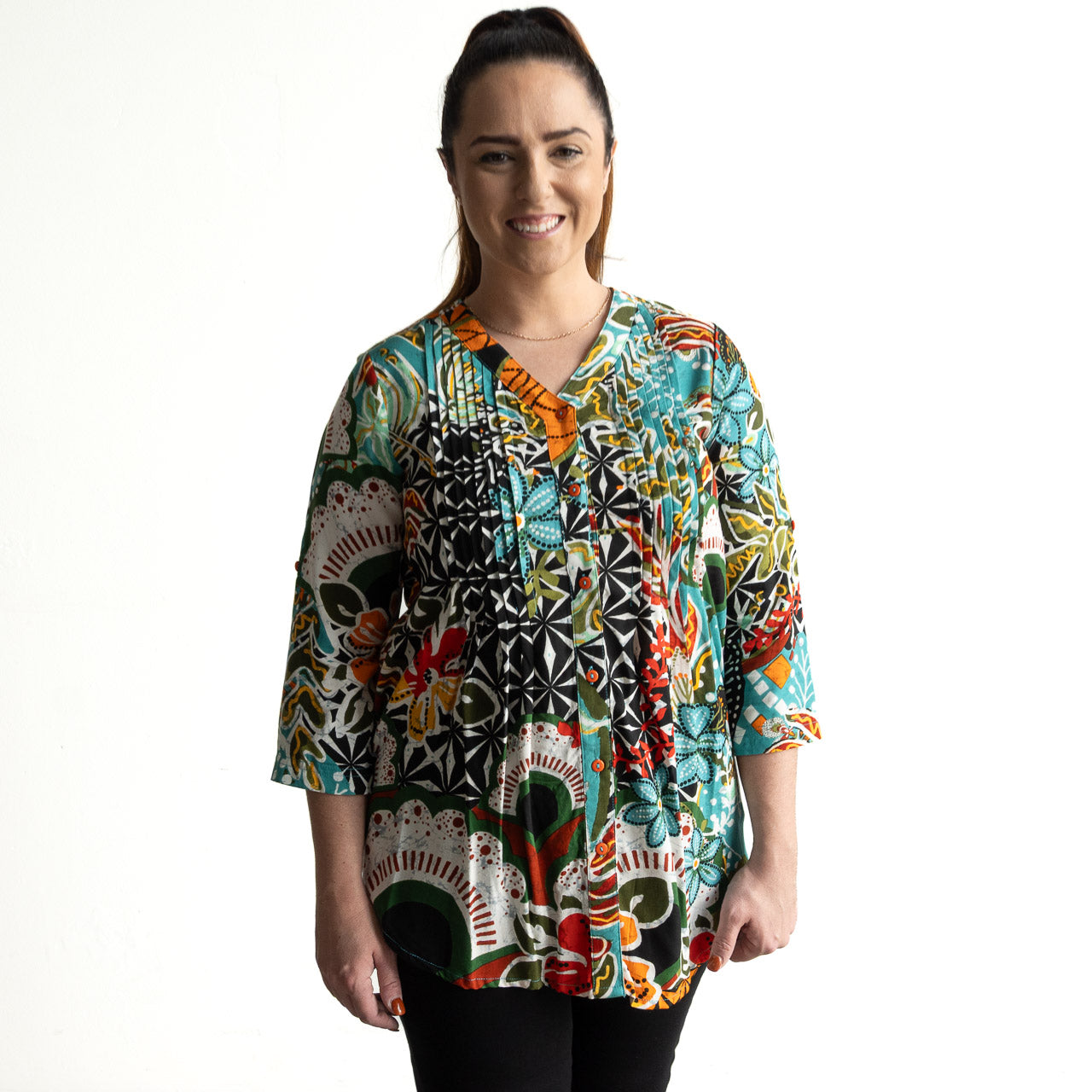 Pleat Button-Through Tunic Blouse by Orientique Australia - Guaratiba - 62756