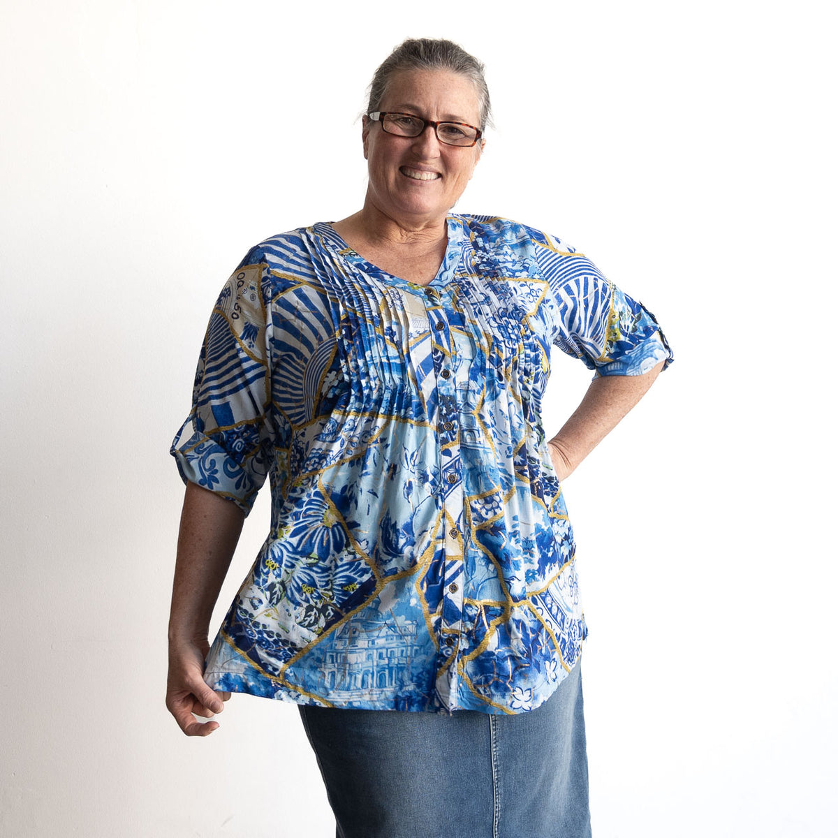 Pleat Button-through Tunic Blouse - 50 Years Oriental - 32518