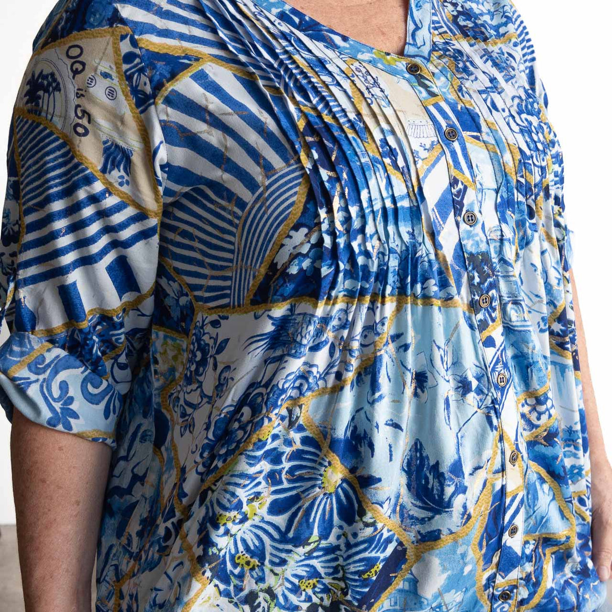 Pleat Button-through Tunic Blouse - 50 Years Oriental - 32518