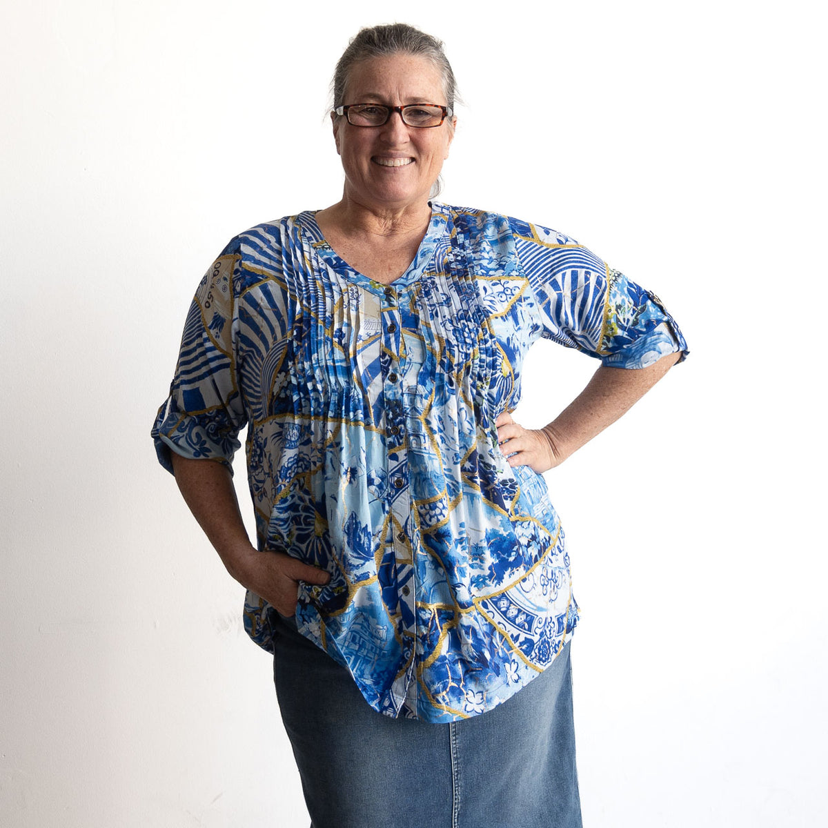 Pleat Button-through Tunic Blouse - 50 Years Oriental - 32518