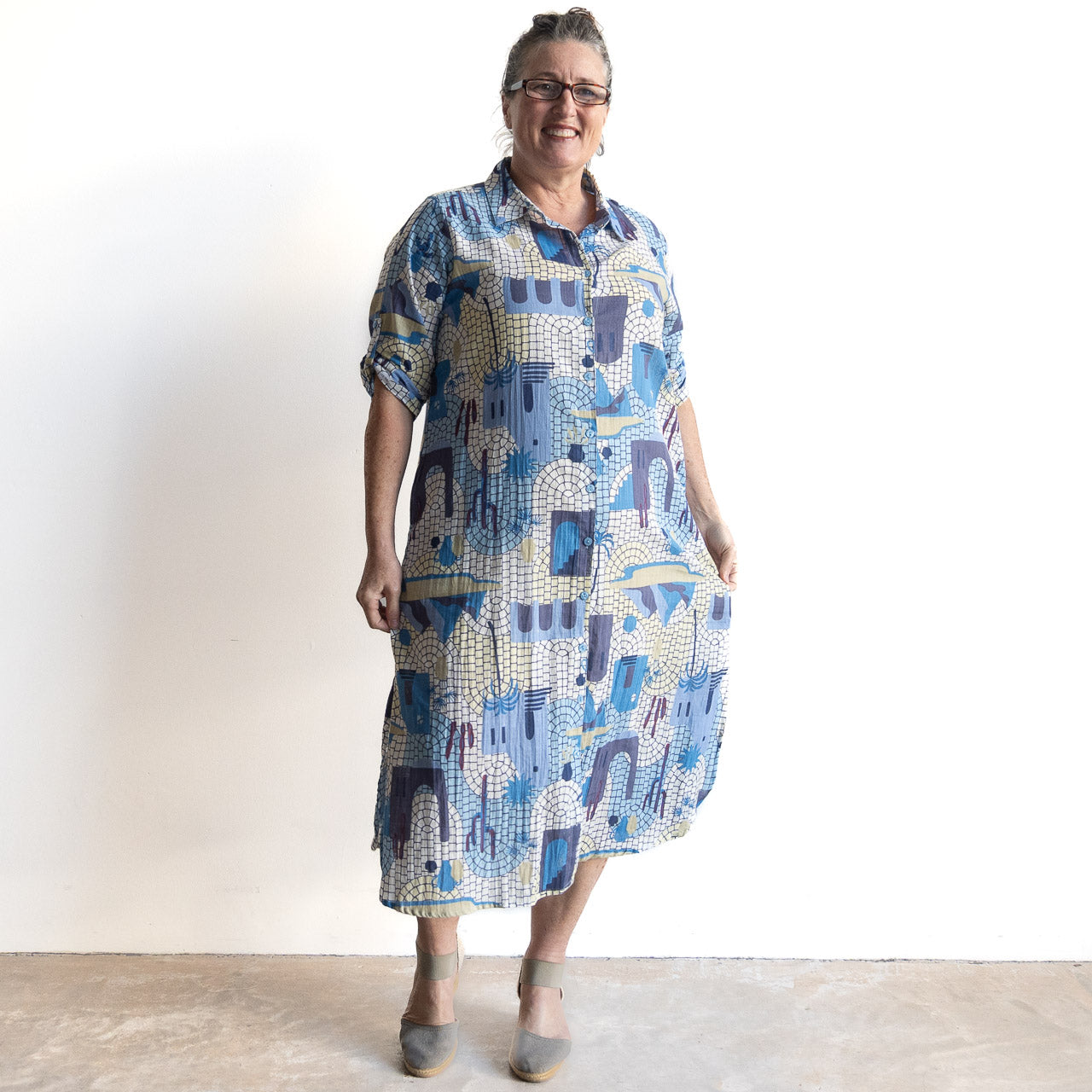Poolside Cotton Shirt Dress - Greece Blue