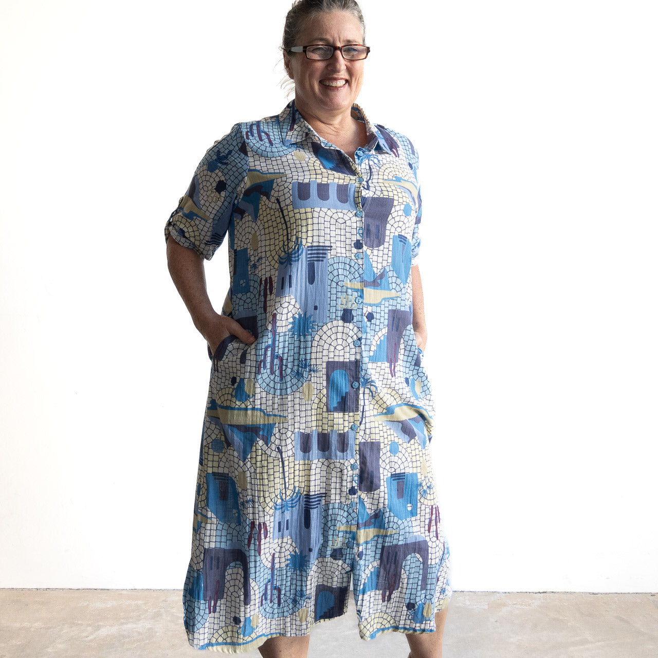 Poolside Cotton Shirt Dress - Greece Blue