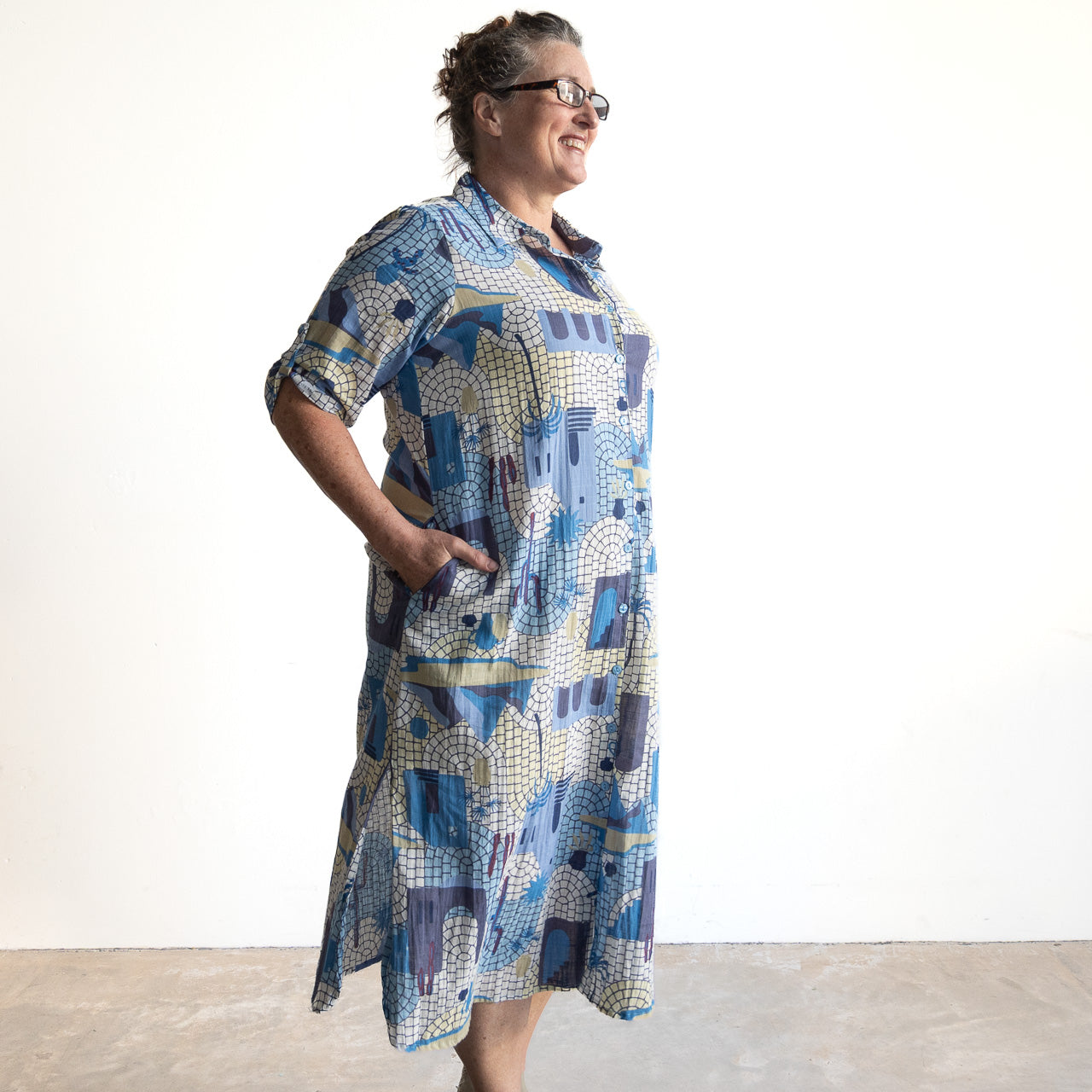 Poolside Cotton Shirt Dress - Greece Blue