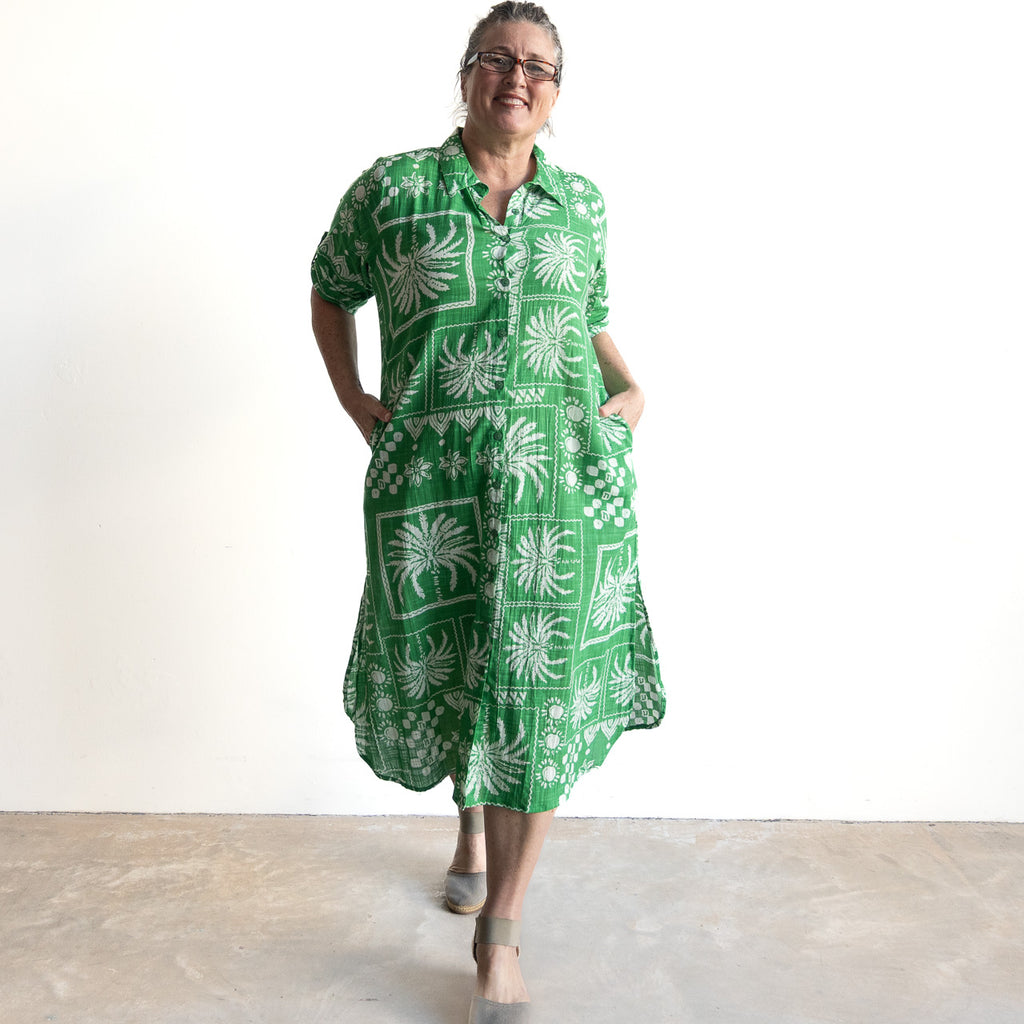 Poolside Cotton Shirt Dress - Mono Patch Green