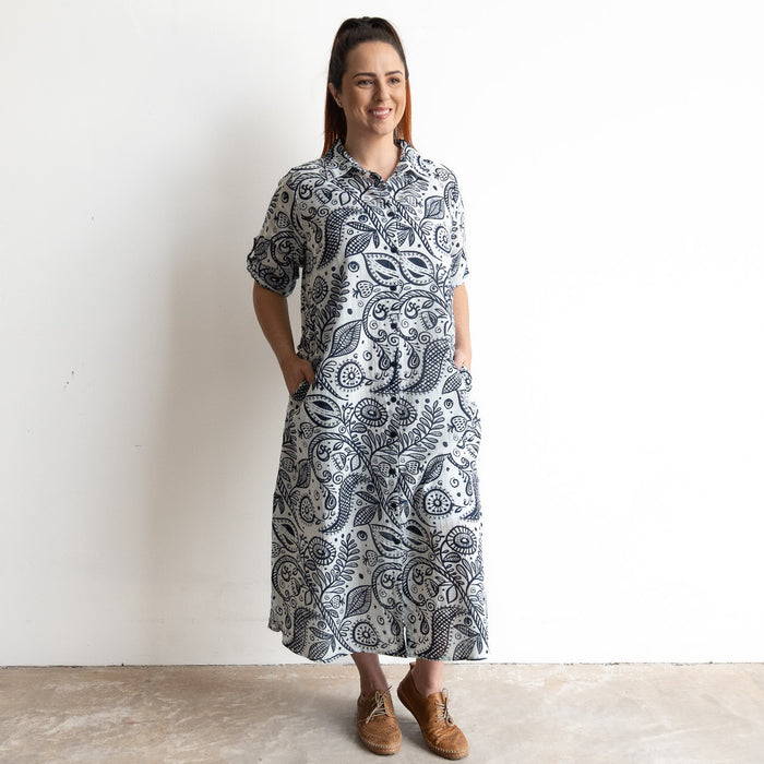 Poolside Cotton Shirt Dress - Botanicals Navy