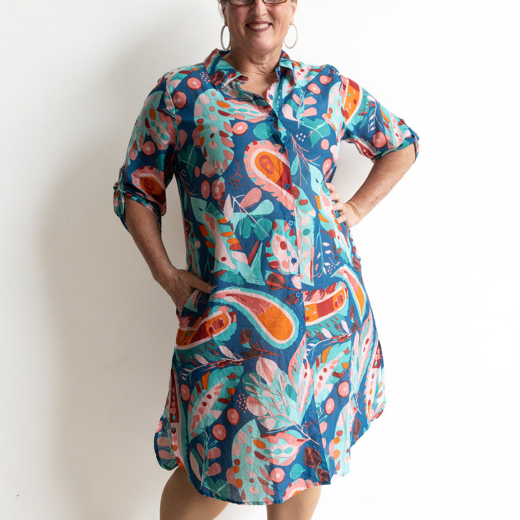 Poolside Cotton Shirt Dress - Tropical Sea