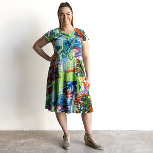 Postcard Cotton Knit A-line Dress by Orientique Australia - Leaves Blue - 20152LB