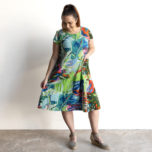 Postcard Cotton Knit A-line Dress by Orientique Australia - Leaves Blue - 20152LB