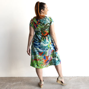 Postcard Cotton Knit A-line Dress by Orientique Australia - Leaves Blue - 20152LB