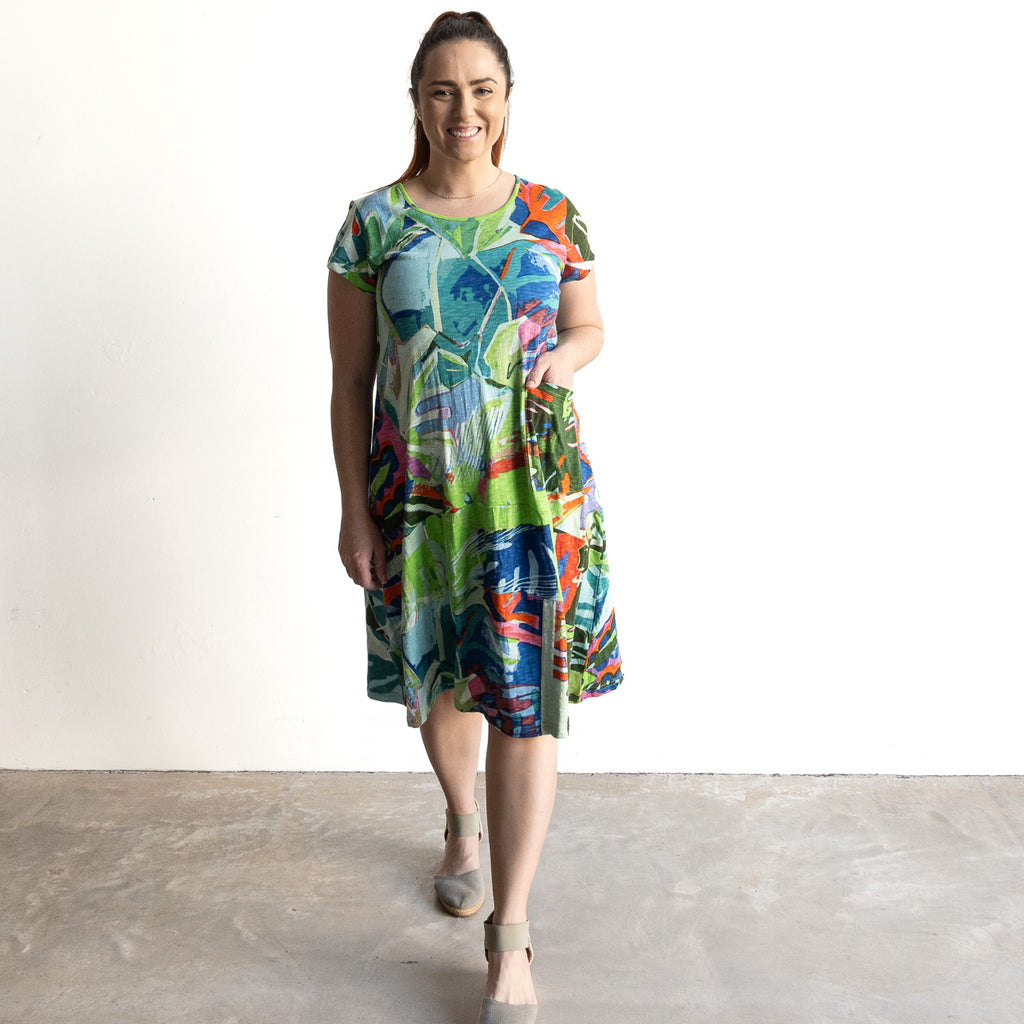 Postcard Cotton Knit A-line Dress by Orientique Australia - Leaves Blue - 20152LB