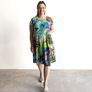 Postcard Cotton Knit A-line Dress by Orientique Australia - Leaves Blue - 20152LB