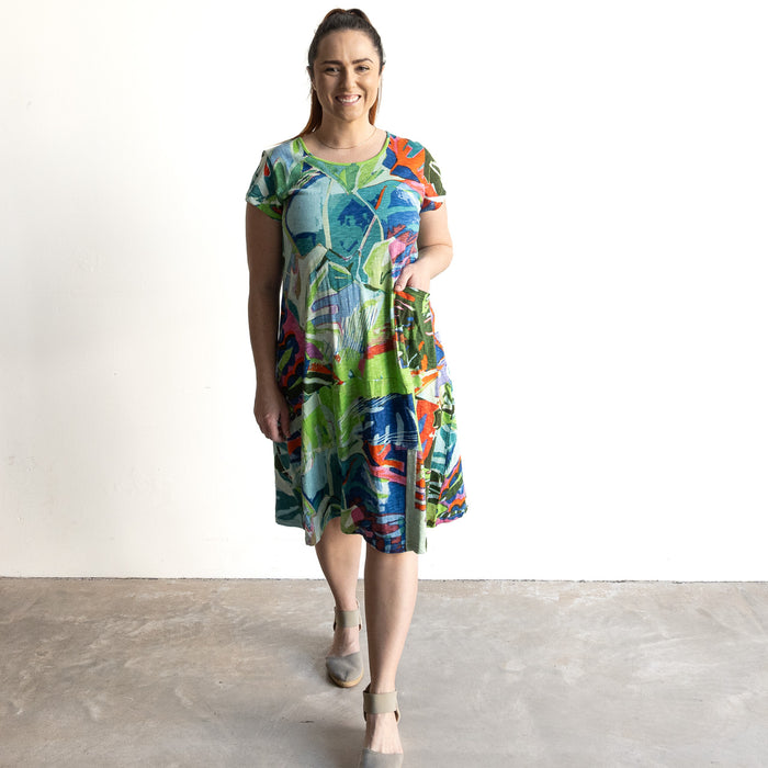 Postcard Cotton Knit A-line Dress by Orientique Australia - Leaves Blue - 20152LB