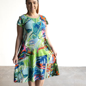 Postcard Cotton Knit A-line Dress by Orientique Australia - Leaves Blue - 20152LB