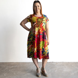 Postcard Cotton Knit A-line Dress by Orientique Australia - Leaves Red - 20152LR
