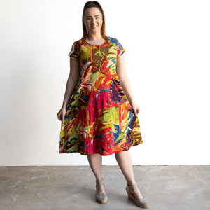 Postcard Cotton Knit A-line Dress by Orientique Australia - Leaves Red - 20152LR