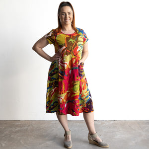 Postcard Cotton Knit A-line Dress by Orientique Australia - Leaves Red - 20152LR