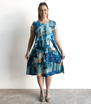 Postcard Cotton Knit A-line Dress by Orientique Australia - Tower Blue - 20152TB