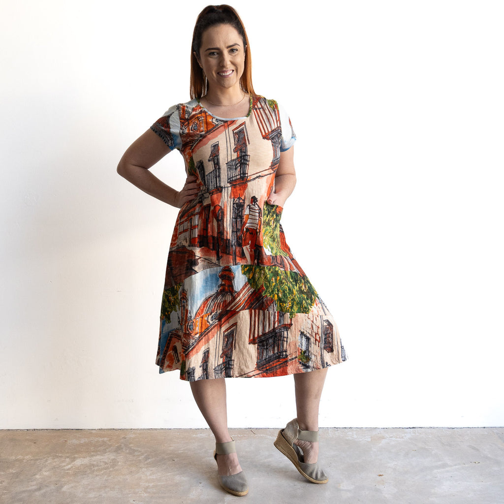 Postcard Cotton Knit A-line Dress by Orientique Australia - Tower Peach - 20152TP
