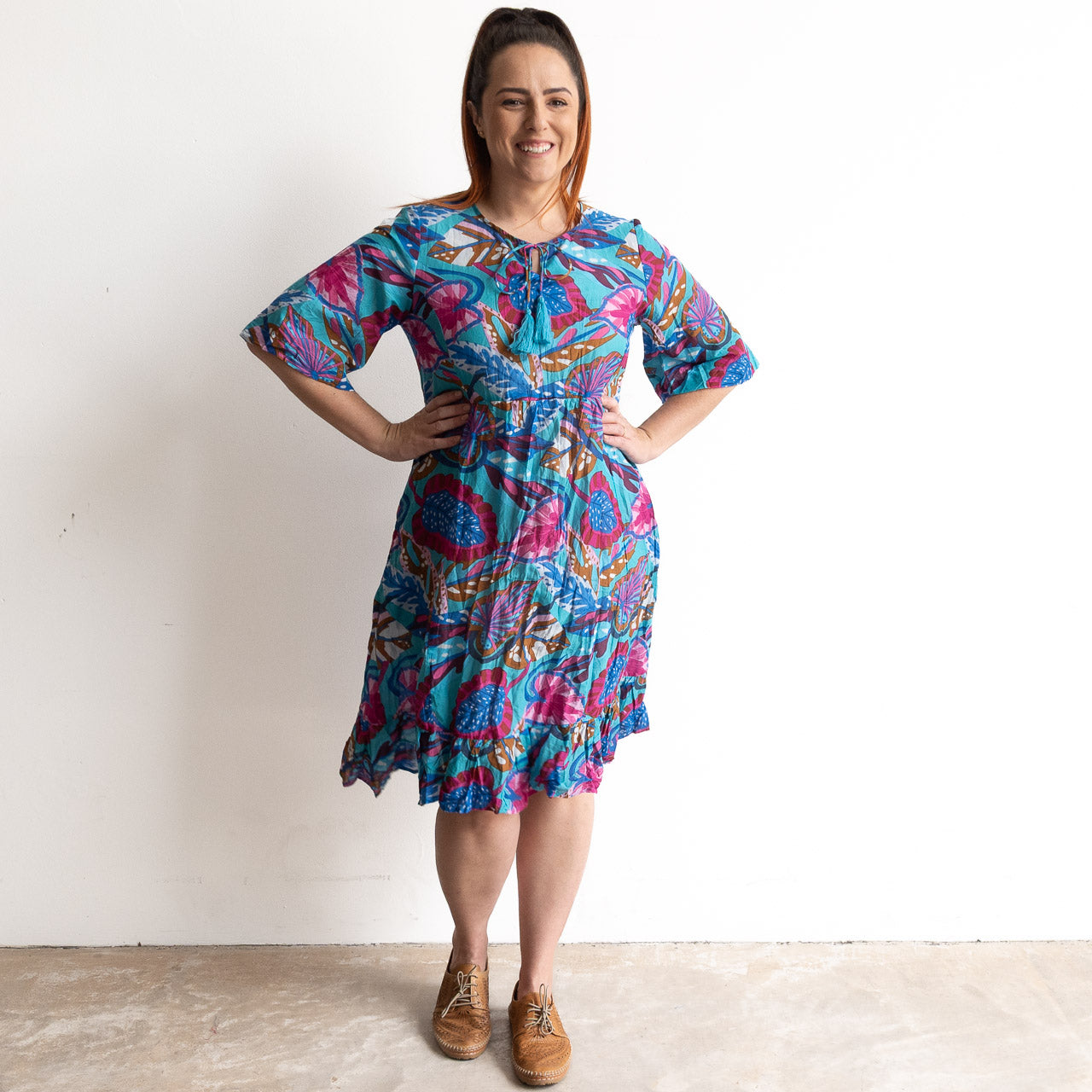 Ready To Go Cotton Dress - Summer Leaves Blue