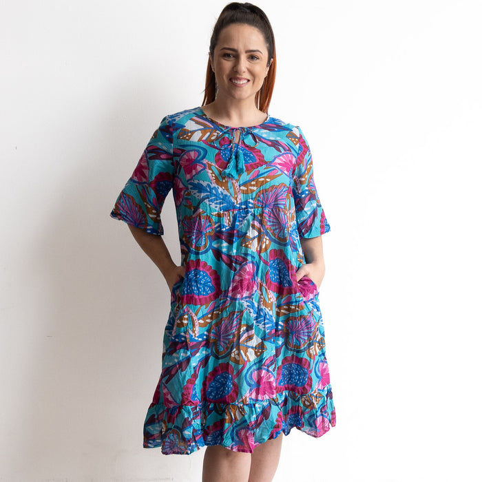 Ready To Go Cotton Dress - Summer Leaves Blue