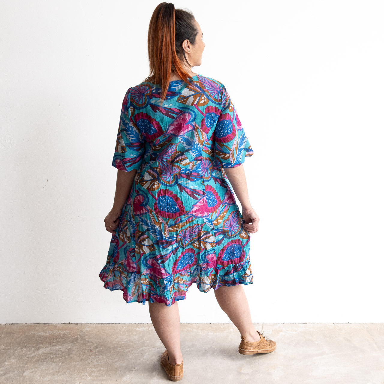 Ready To Go Cotton Dress - Summer Leaves Blue