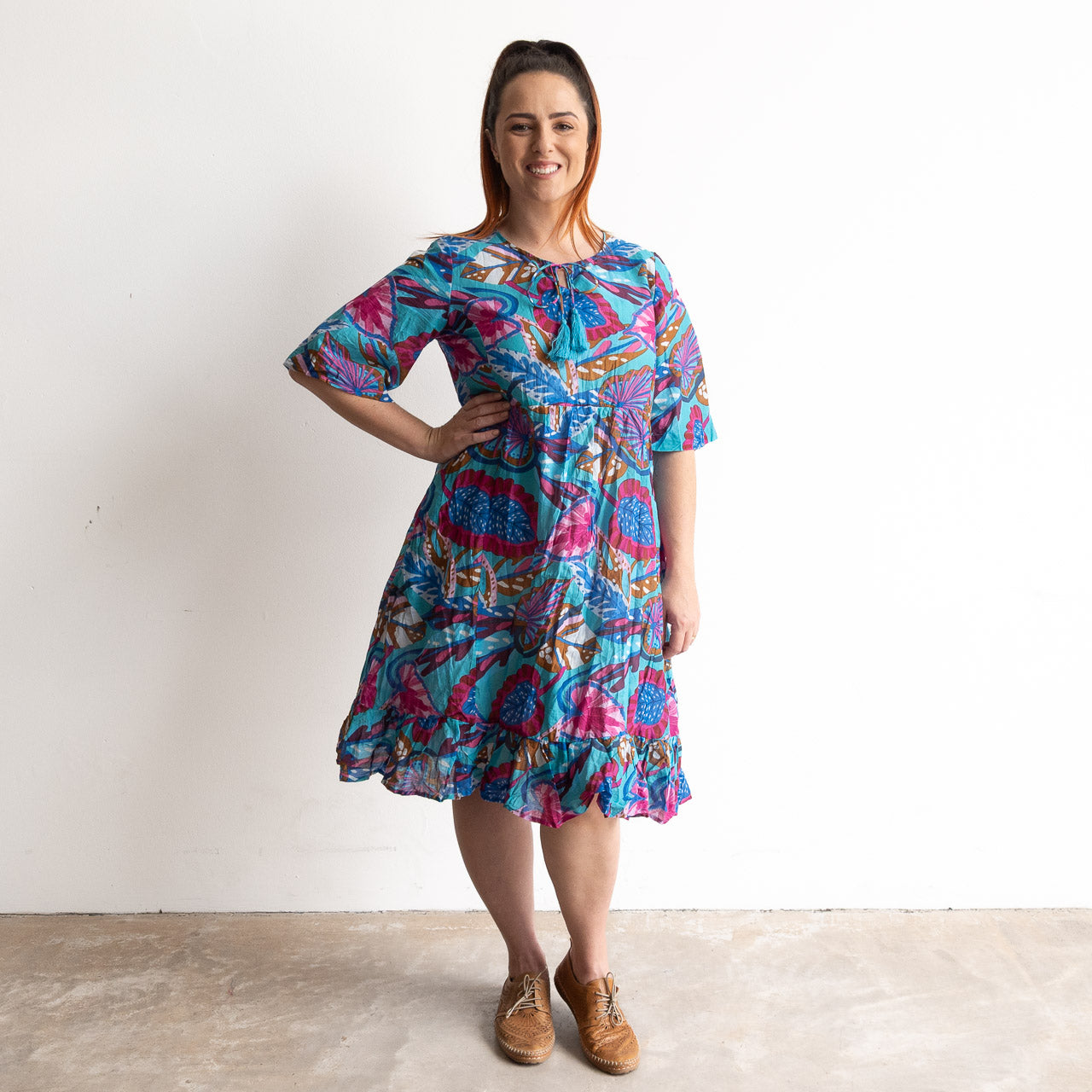 Ready To Go Cotton Dress - Summer Leaves Blue