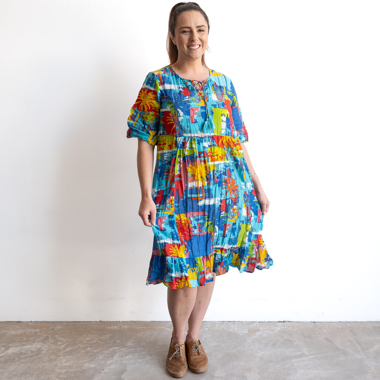 Ready To Go Cotton Dress - Painted Palms