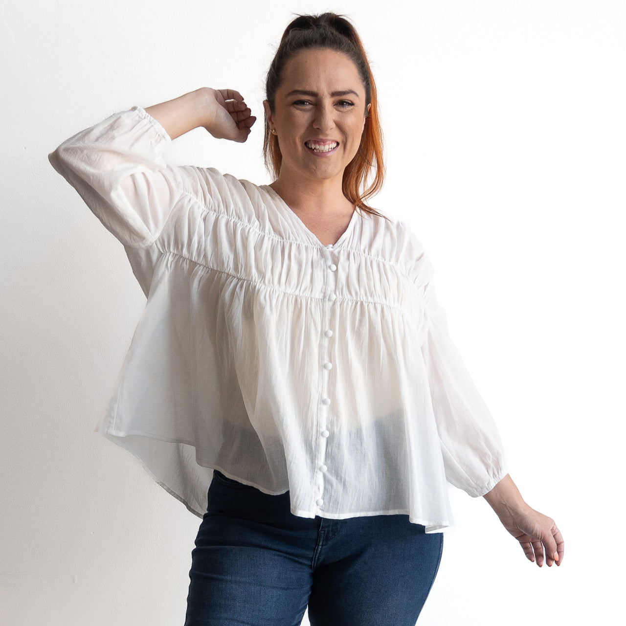 Ruched Cotton Button-through Blouse