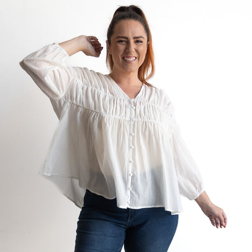 Ruched Cotton Button-through Blouse