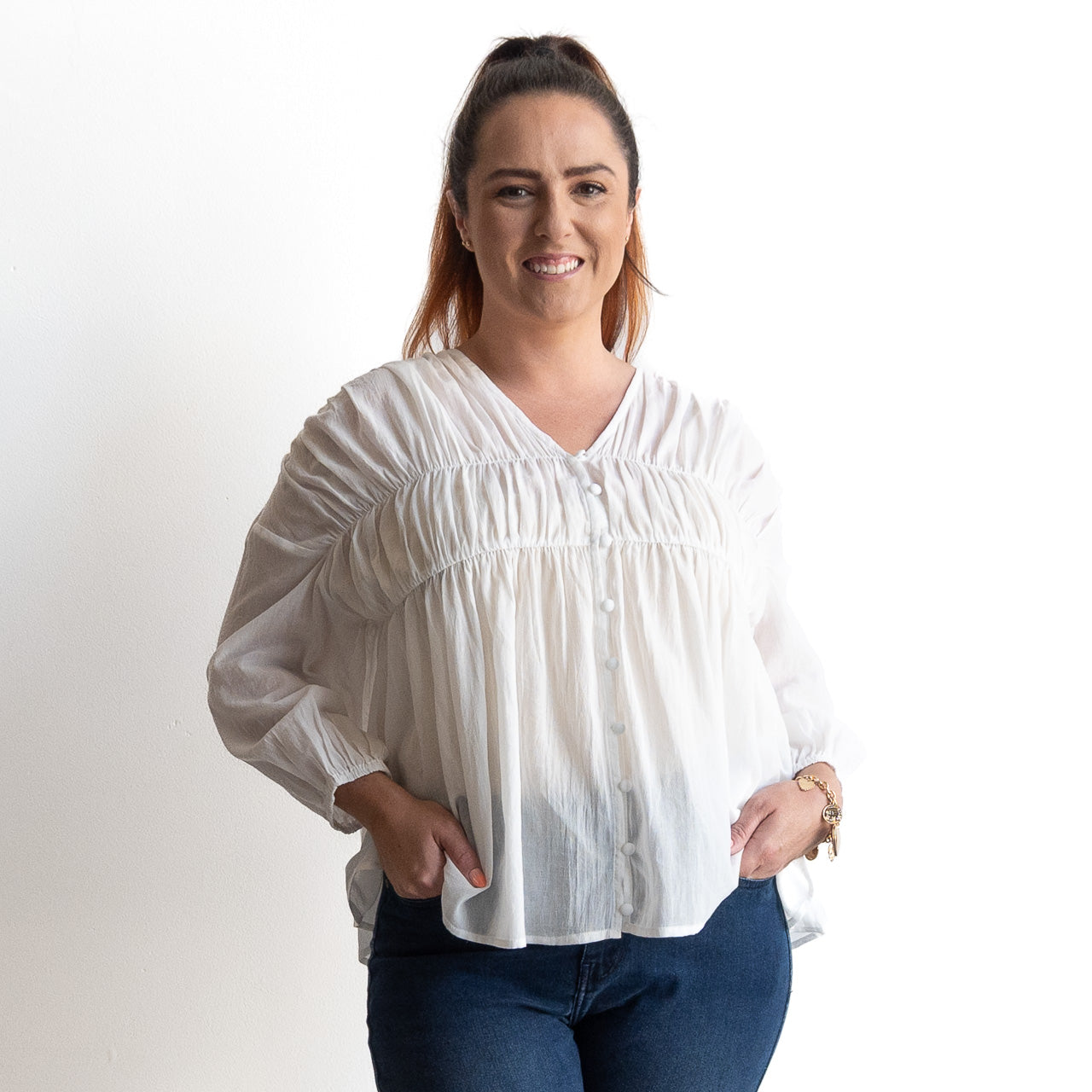 Ruched Cotton Button-through Blouse