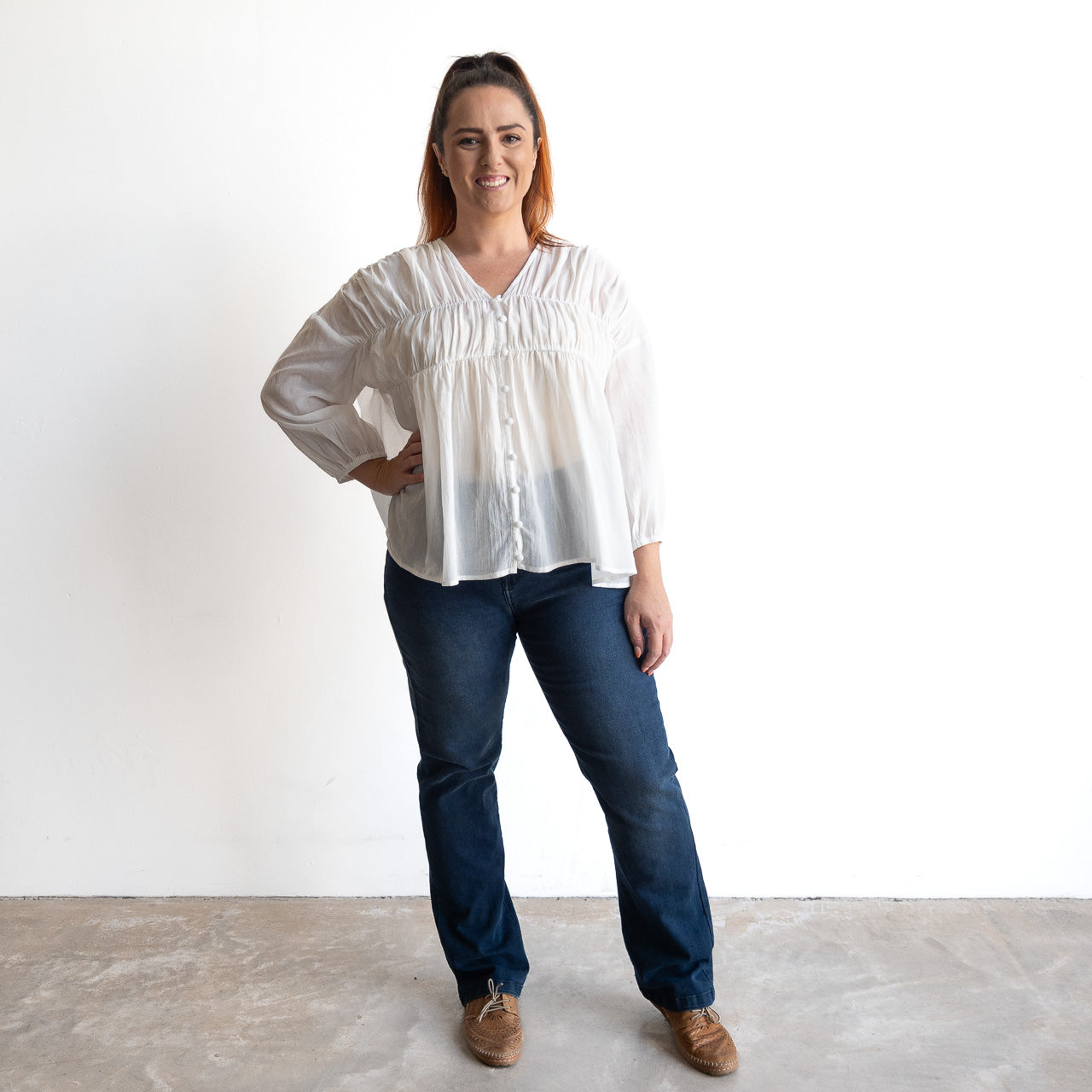 Ruched Cotton Button-through Blouse