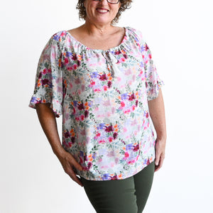 Ruffle Sleeve Peasant Blouse - Floral