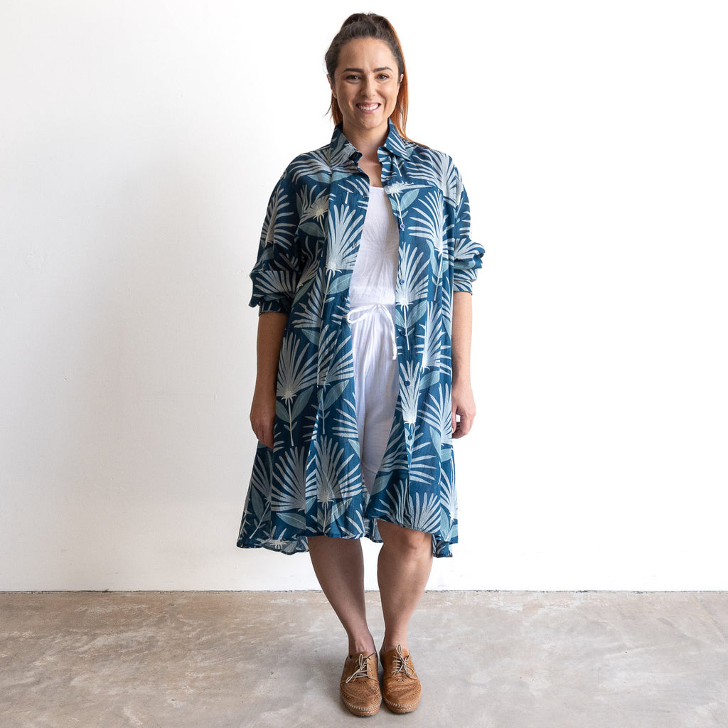 Stepping Out Long Cotton Shirt - Indigo Echo