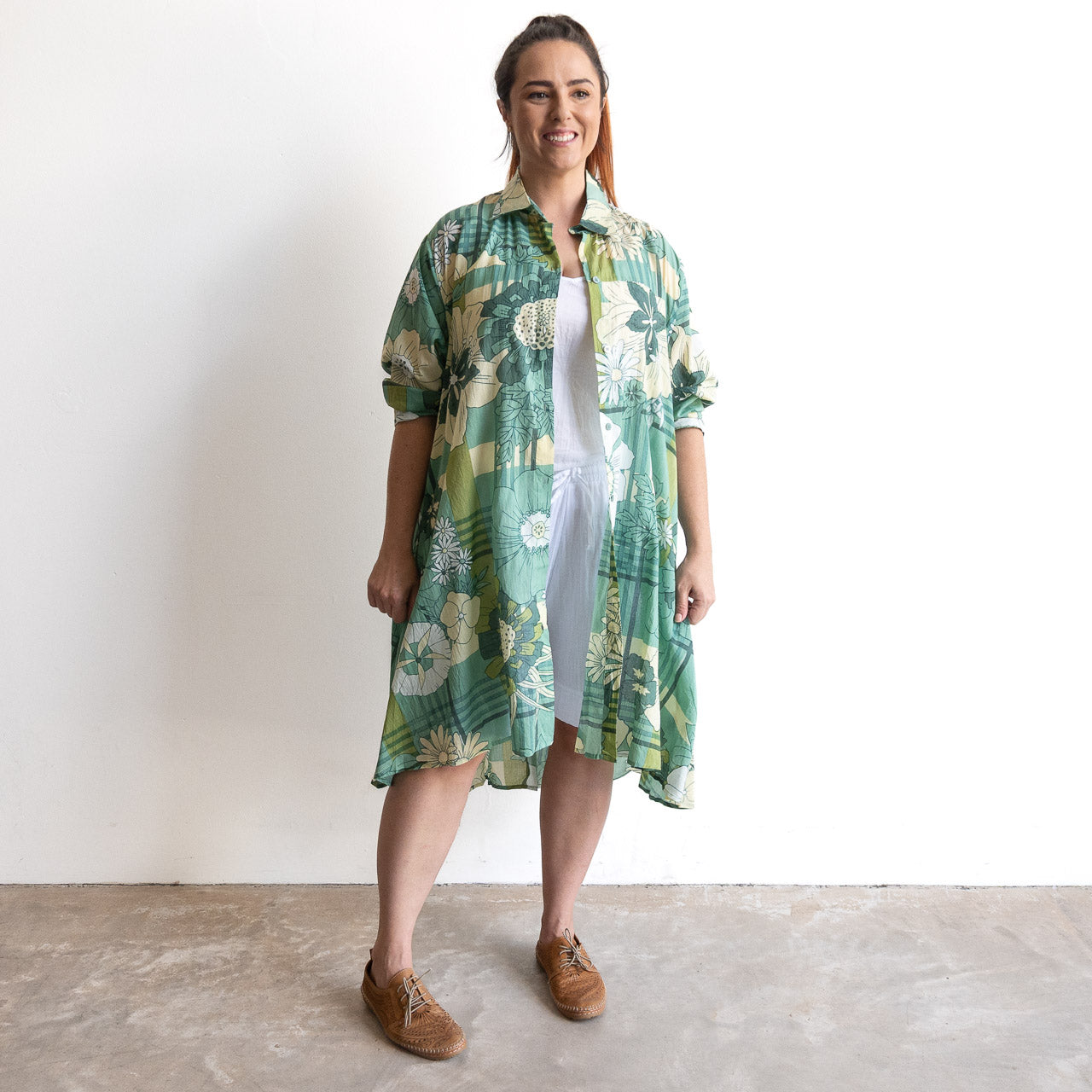 Stepping Out Long Cotton Shirt - Petal & Plaid