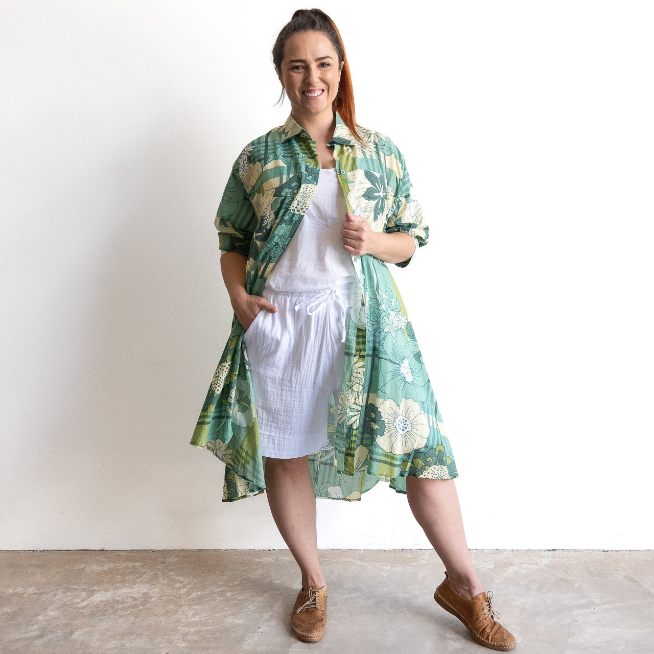 Stepping Out Long Cotton Shirt - Petal & Plaid