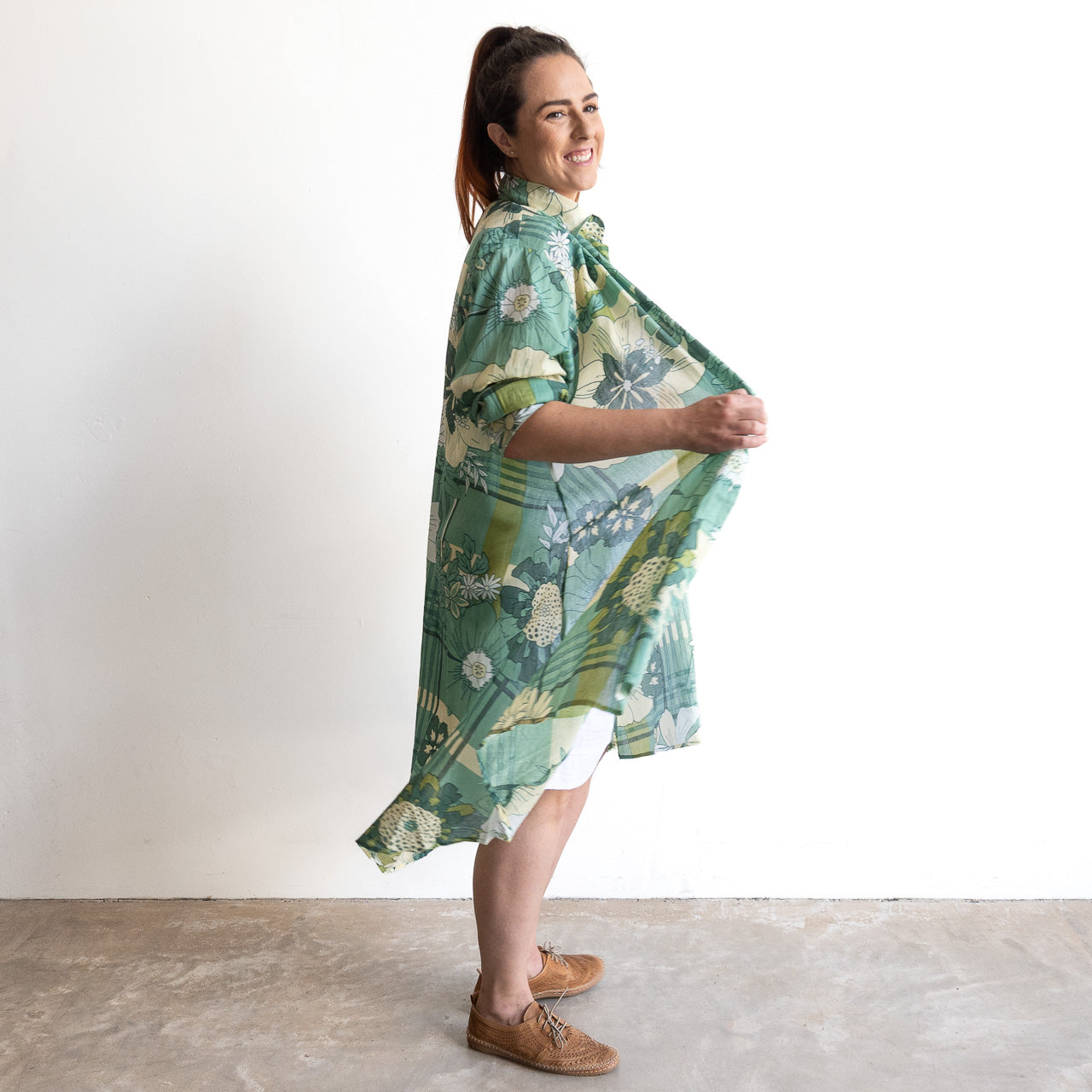 Stepping Out Long Cotton Shirt - Petal & Plaid