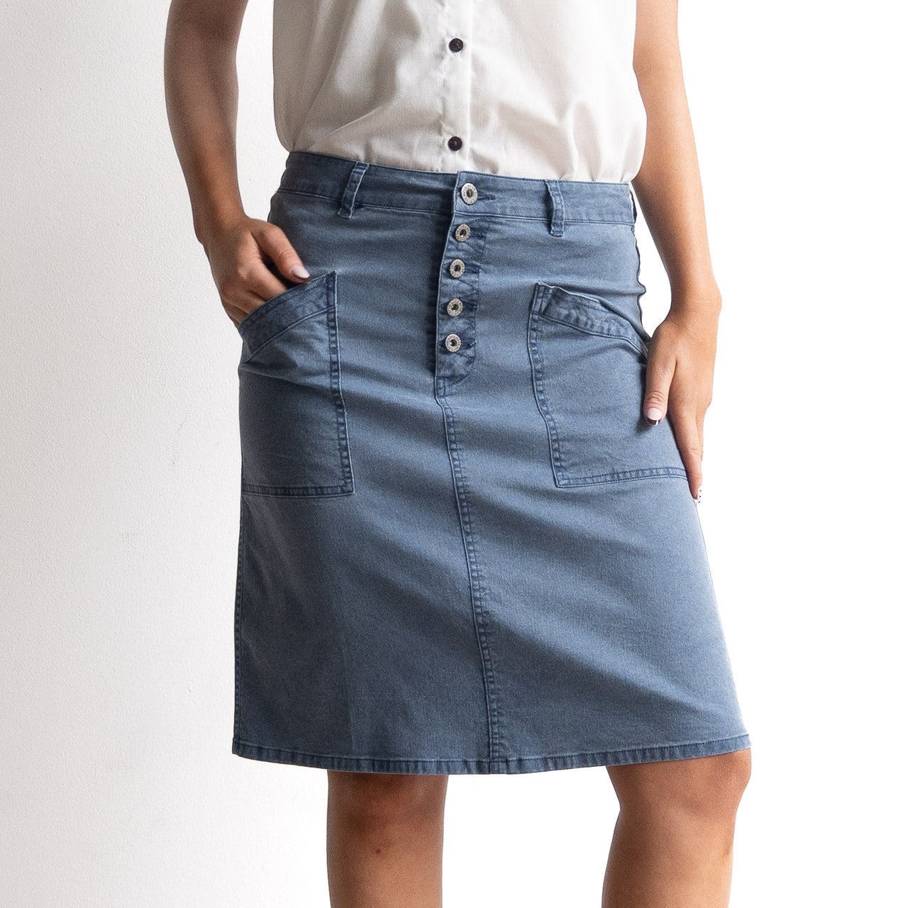 Stretch Denim Button Skirt by Cafe Latte - Enzyme Wash