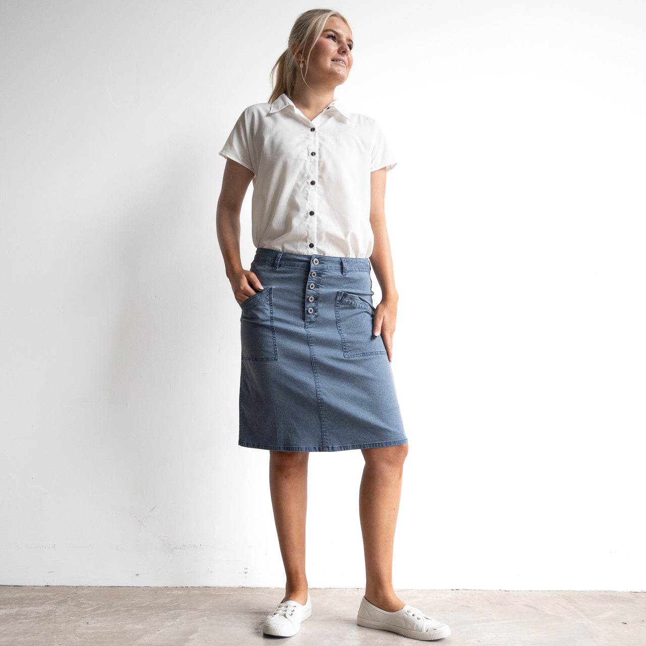 Stretch Denim Button Skirt by Cafe Latte - Enzyme Wash