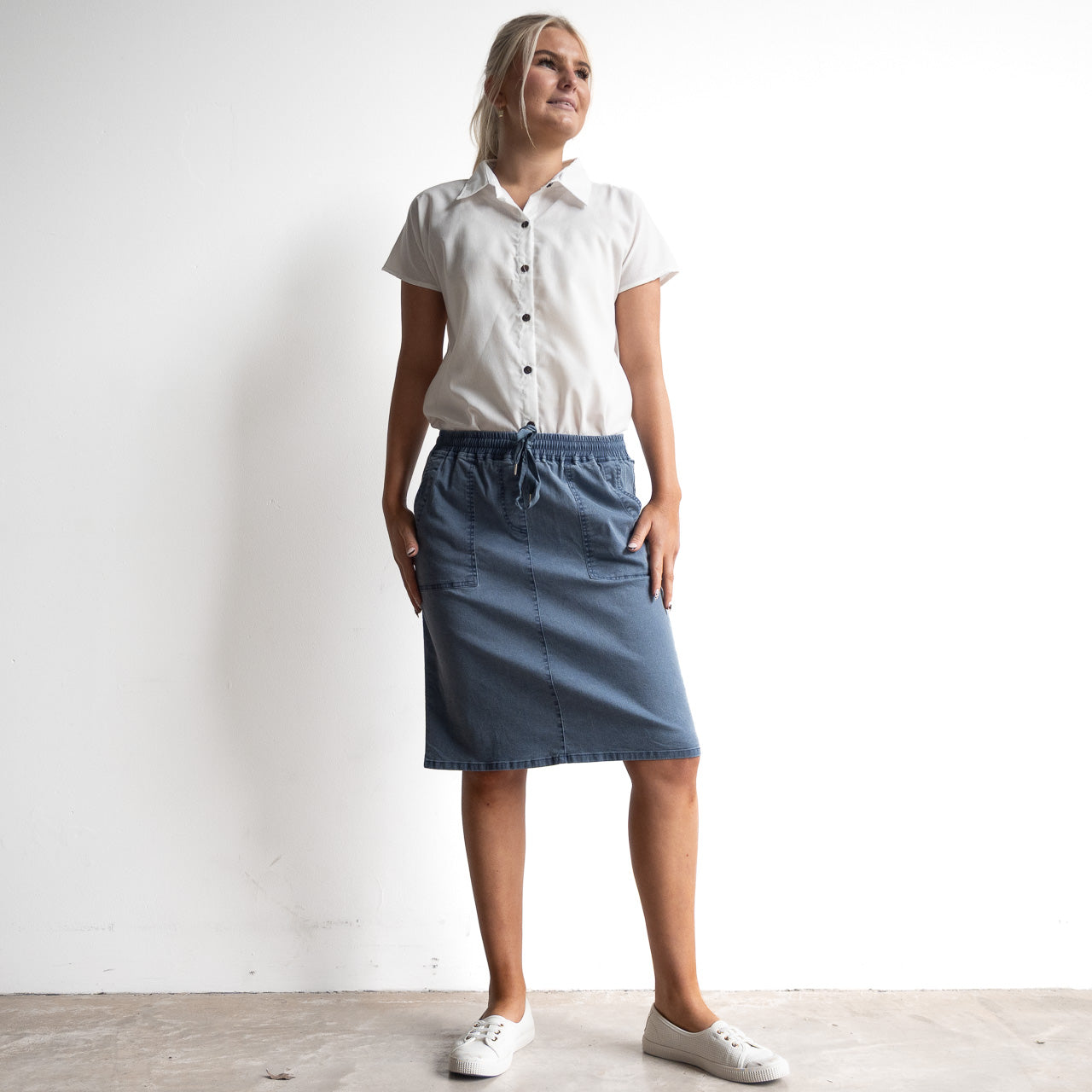 Stretch Denim Drawstring Skirt by Cafe Latte - Enzyme Wash