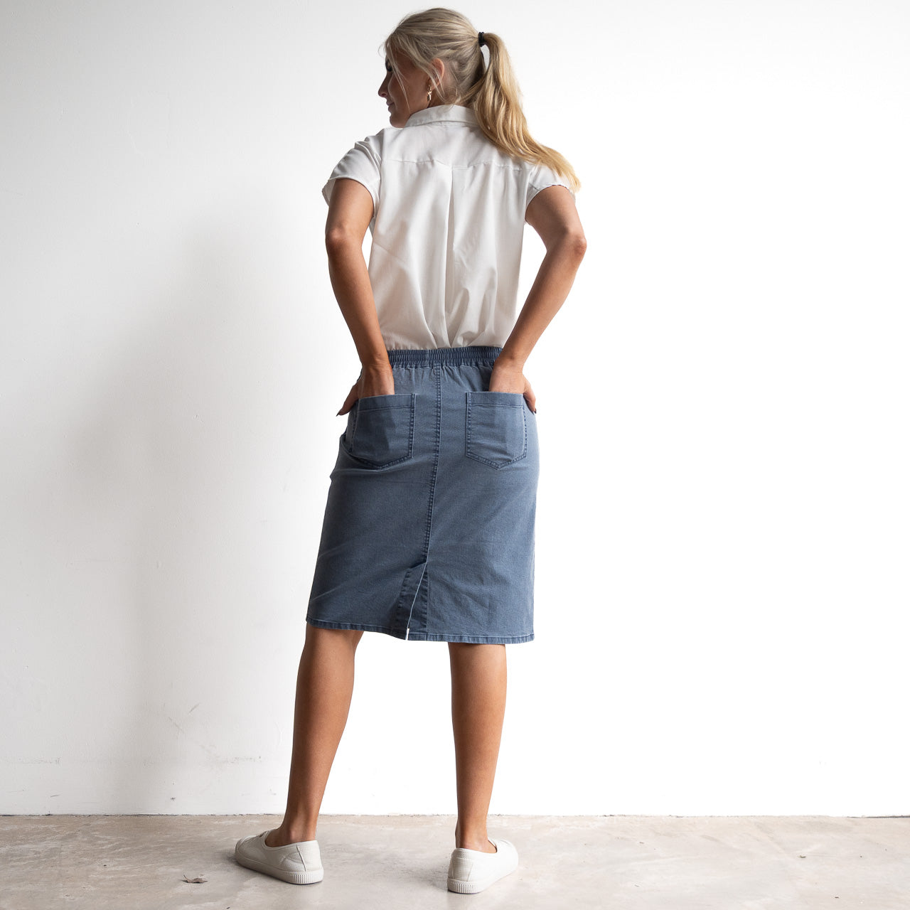 Stretch Denim Drawstring Skirt by Cafe Latte - Enzyme Wash