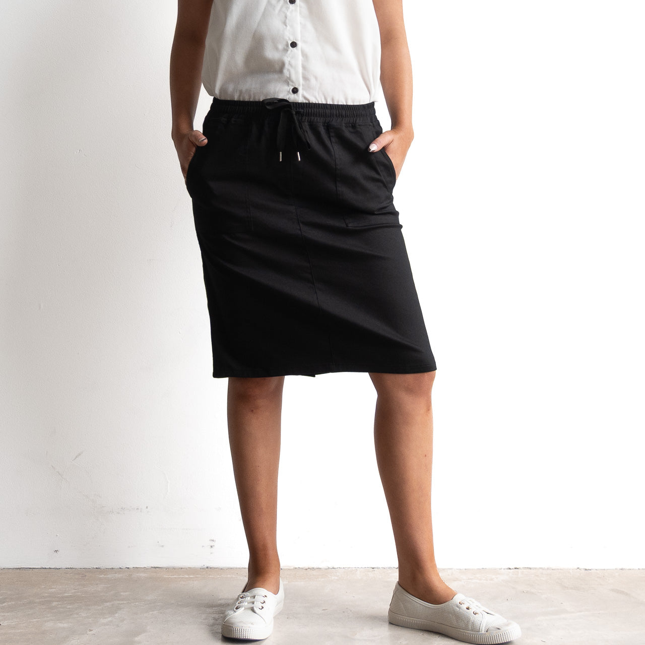 Stretch Denim Drawstring Skirt by Cafe Latte in Classic Colours